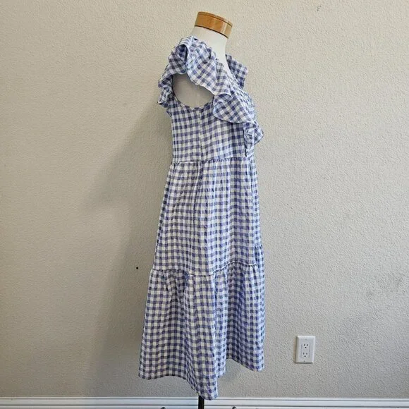 Calista Tiered Gingham Checked Midi Dress w/Pockets Blue Cottagecore Modest S - Picture 4 of 12